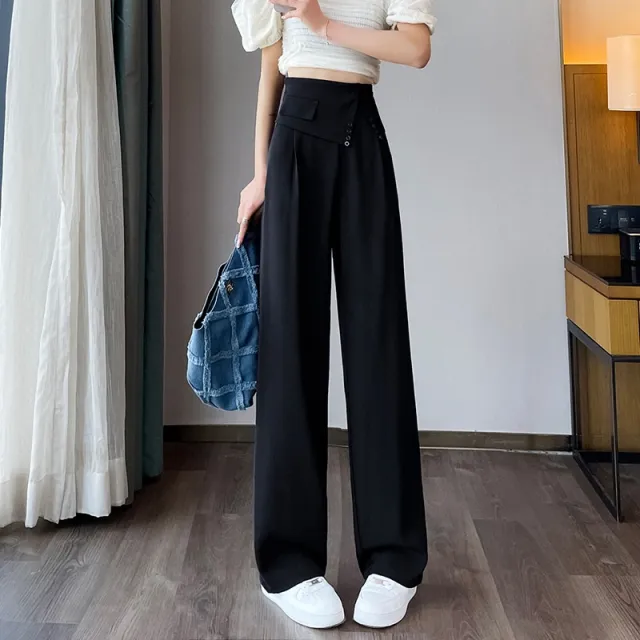Summer Thin Design Sense High Waist Drooping Chiffon Wide Leg Loose Straight Casual Pants Black Regular Style - Shop at LoveMi