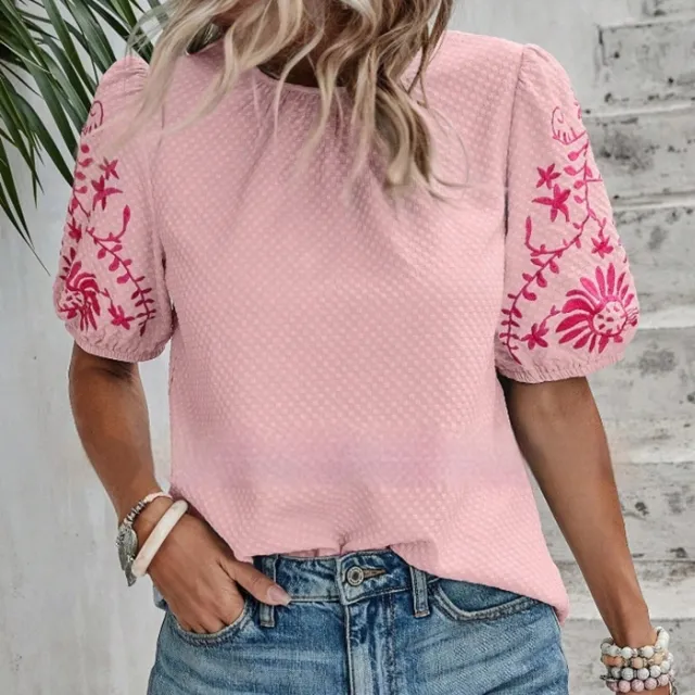 Women's SpringSummer Embroidered Crew Neck Bubble Short Sleeve Shirt Top Pink - Shop at LoveMi