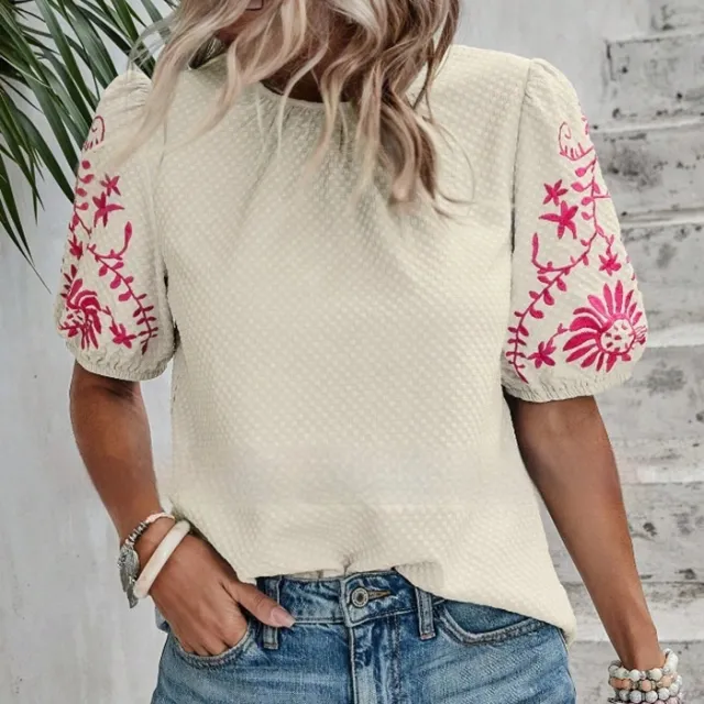 Women's SpringSummer Embroidered Crew Neck Bubble Short Sleeve Shirt Top Apricot - Shop at LoveMi