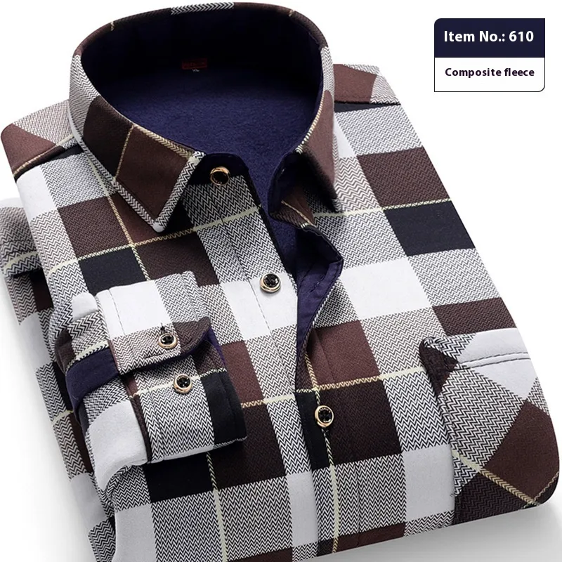 Thickened Velvet Padded Shirt Thermal Plaid - Coffee - View 1