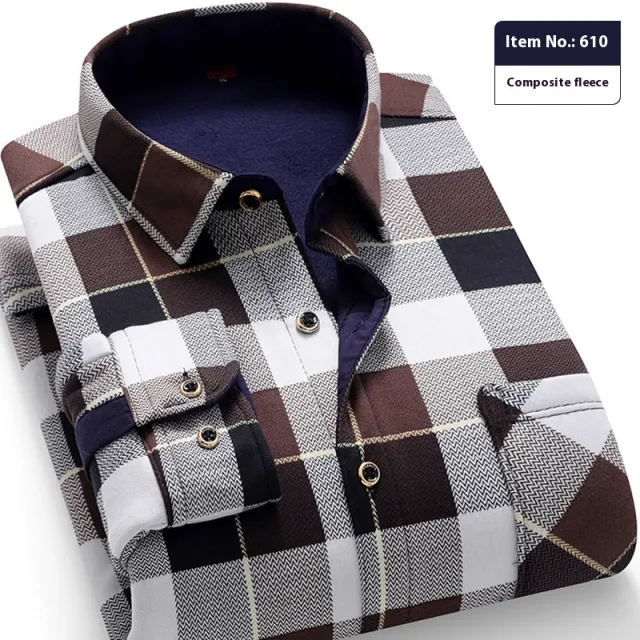 Thickened Velvet Padded Shirt Thermal Plaid Coffee - Shop at LoveMi