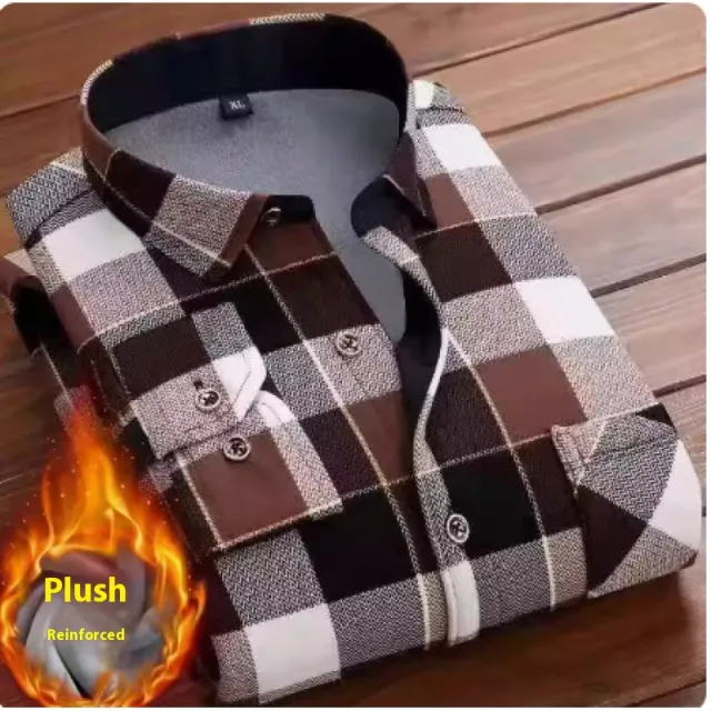 Thickened Velvet Padded Shirt Thermal Plaid Color 612 Coffee Plaid - Shop at LoveMi