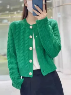High Waist Thickened Round Neck Twist Soft Glutinous Knitted Cardigan Sweater - Emerald Green - View 1