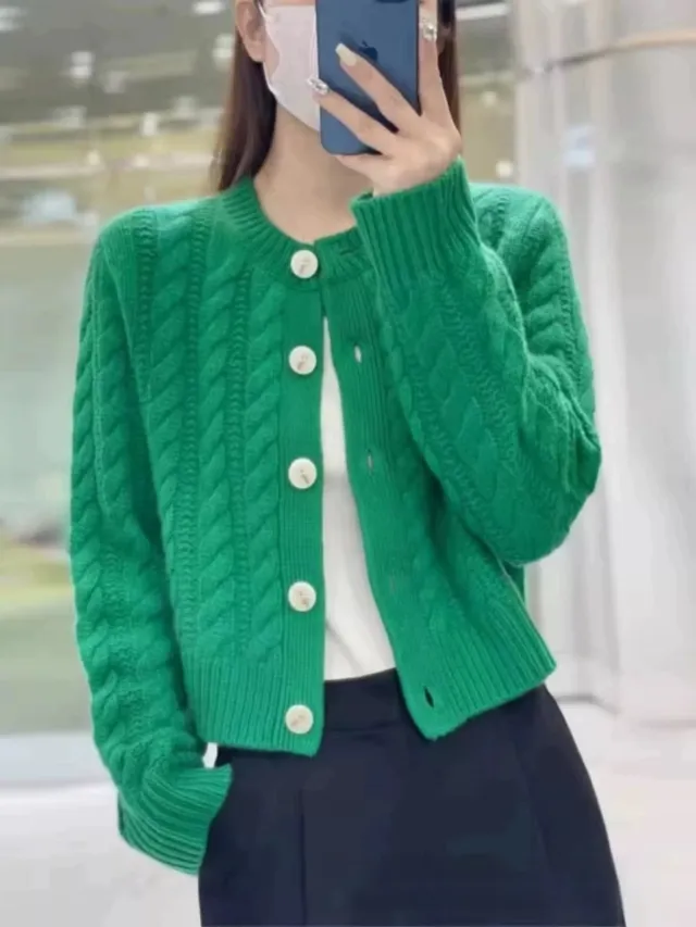 High Waist Thickened Round Neck Twist Soft Glutinous Knitted Cardigan Sweater Emerald Green - Shop at LoveMi