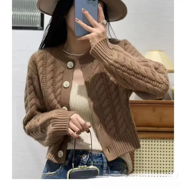 High Waist Thickened Round Neck Twist Soft Glutinous Knitted Cardigan Sweater Camel - Shop at LoveMi