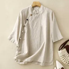 Cotton And Linen Retro Stand Collar Side Opening Short Sleeve Frog Buckle Top - Hemp Colour - View 1