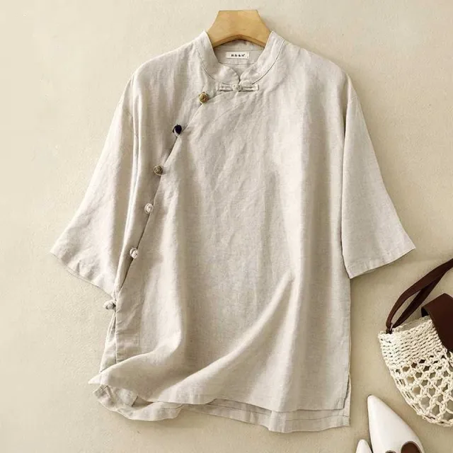 Cotton And Linen Retro Stand Collar Side Opening Short Sleeve Frog Buckle Top Hemp Color - Shop at LoveMi