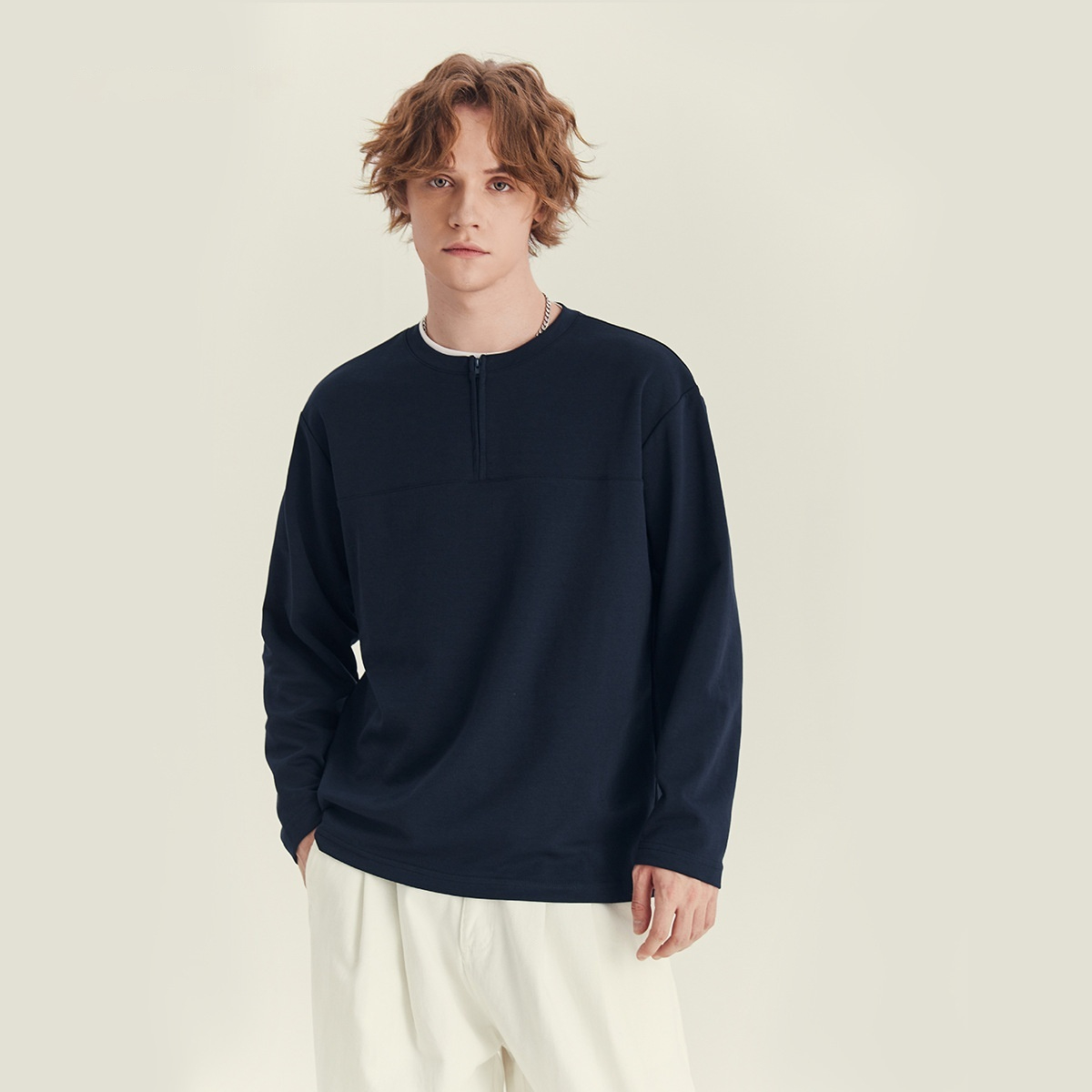 Half Long-sleeve Zipper T-shirt Men's Autumn High-grade Contrast Color Loose Crew Neck Top
