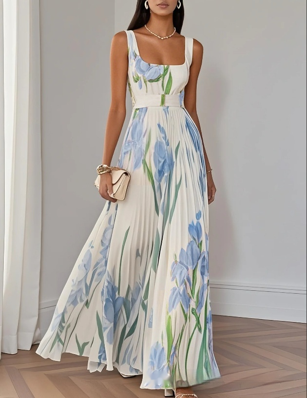 Sleeveless Formal Pleated Printed Dress 831 White And Blue - Shop at LoveMi