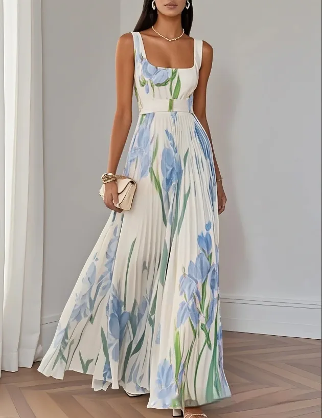 Sleeveless Formal Pleated Printed Dress - 831 White And Blue