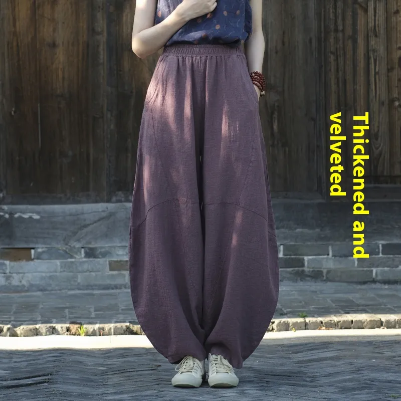 Artistic Retro Cotton And Linen Women's Distressed Loose Casual Pants - Velvet Purple