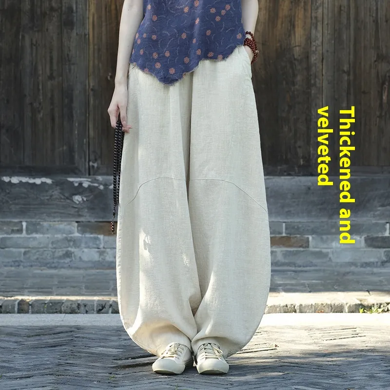 Artistic Retro Cotton And Linen Women's Distressed Loose Casual Pants - With Velvet Raw Linen-S