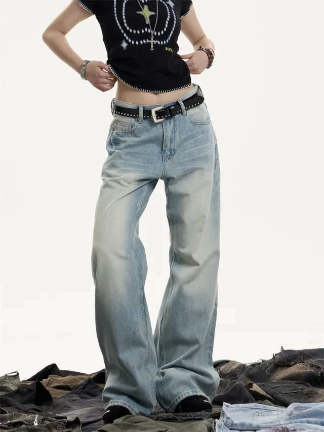 Retro Washed Distressed Jeans With Whiskers Female Loose Blue - Shop at LoveMi