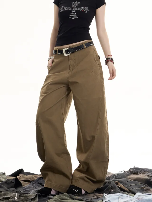 Retro Washed Deconstruction Machete Overalls Women's Loose Straight All matching Wide Leg Coffee Color - Shop at LoveMi