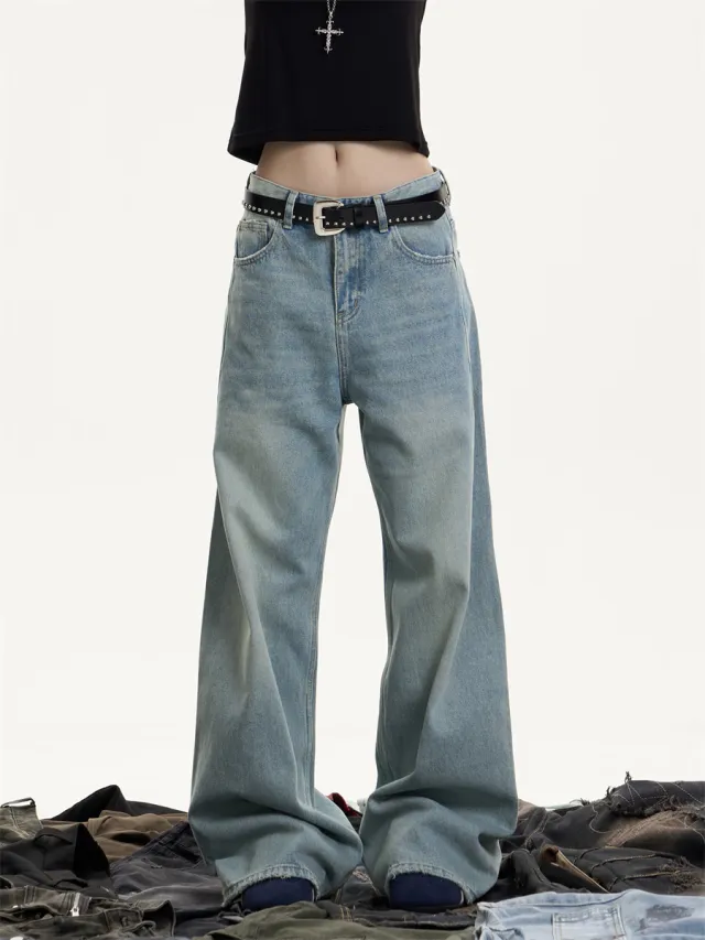 American Retro Washed Worn Jeans Women's Loose Straight Blue - Shop at LoveMi