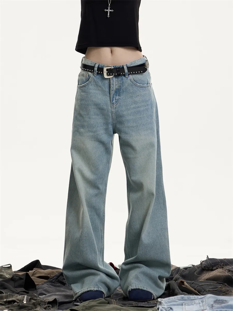American Retro Washed Worn Jeans Women's Loose Straight - Blue