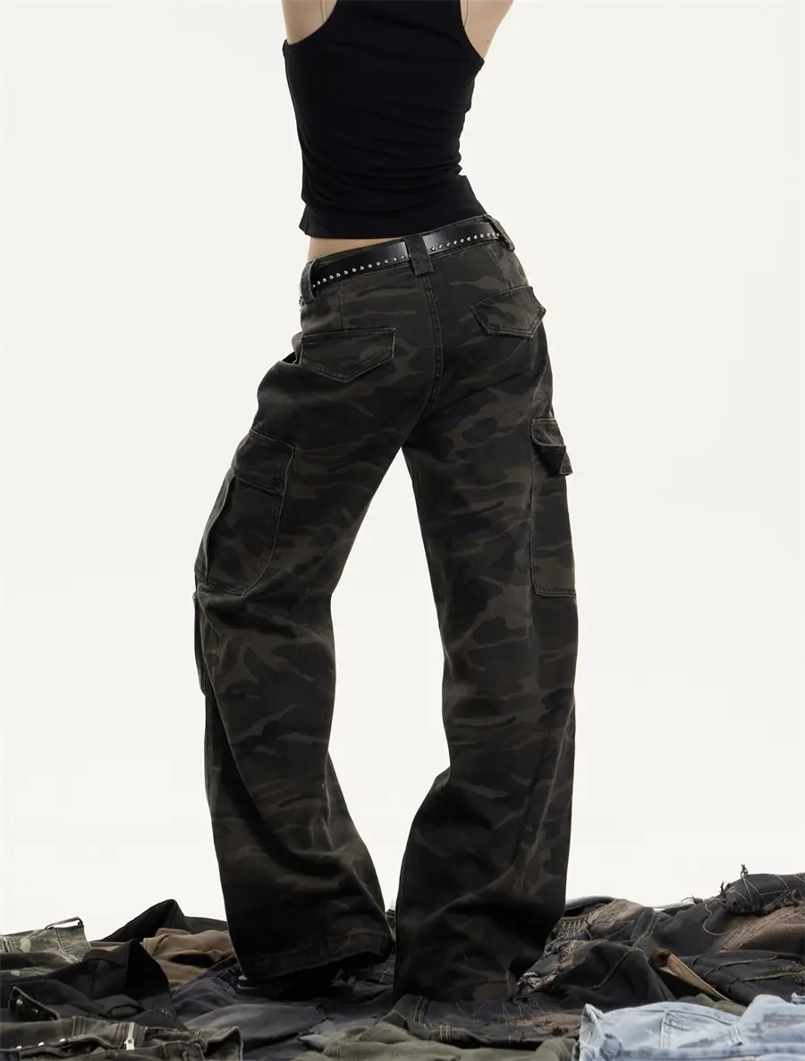 American Retro Camouflage Workwear Women's Loose Straight Wide Leg Casual Pants