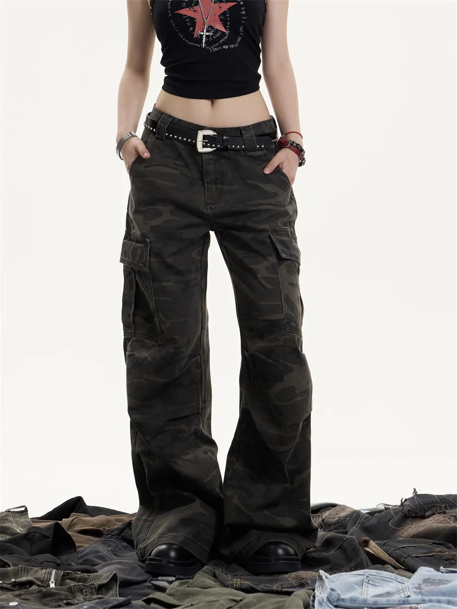 American Retro Camouflage Workwear Women's Loose Straight Wide Leg Casual Pants - Camouflage Color
