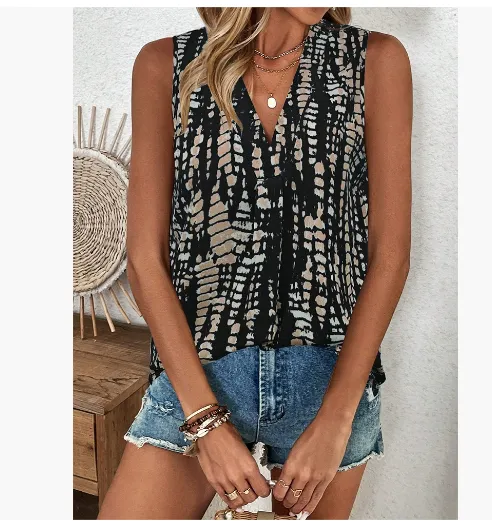 Sleeveless V neck Printed Blouse Women's Tops Apricot - Shop at LoveMi
