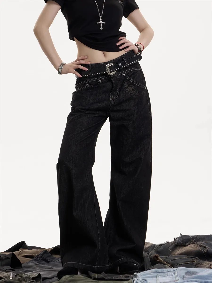 American Retro Cleanfit Wide Leg Jeans Straight Casual Mopping Trousers - Black