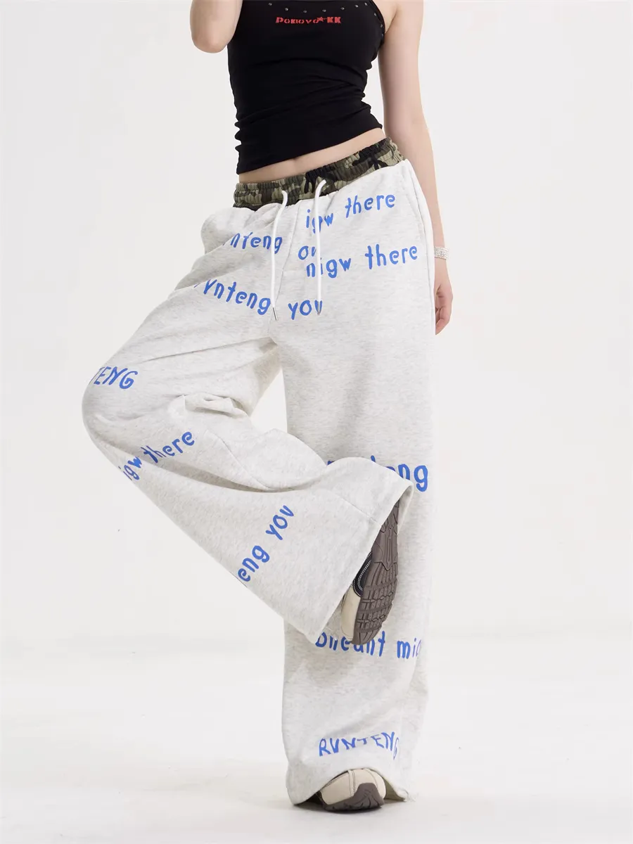 Letter High Waist Drawstring Wide Leg Pants - White Grey