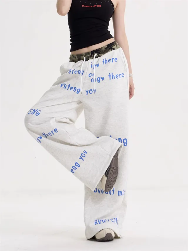 Letter High Waist Drawstring Wide Leg Pants White Grey - Shop at LoveMi