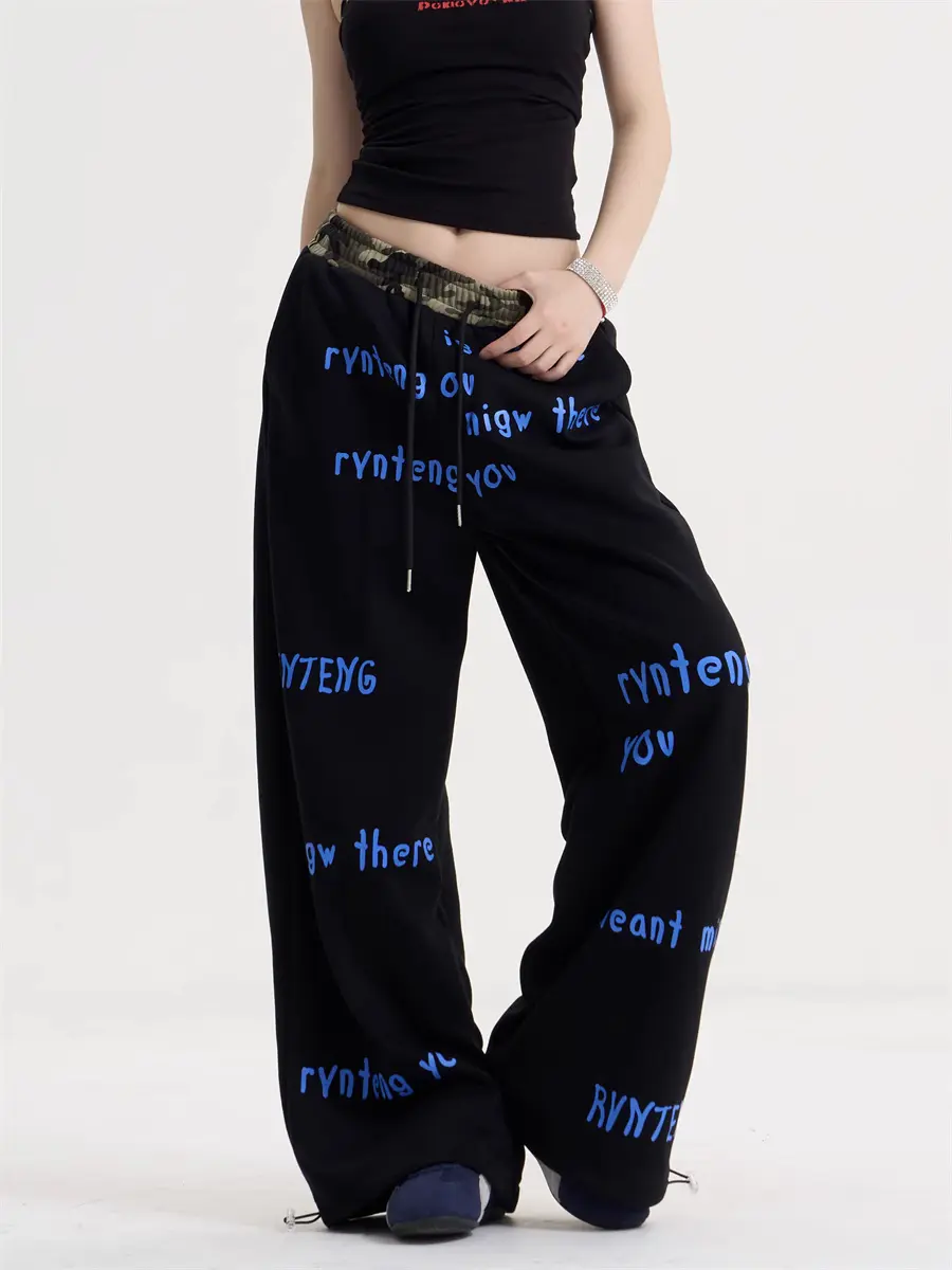 Letter High Waist Drawstring Wide Leg Pants