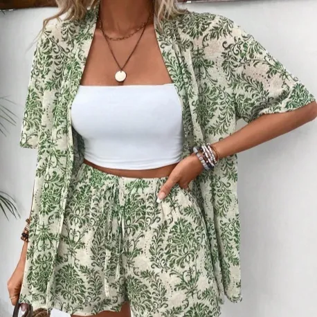 Women's Shirt And Elastic Waist Shorts Casual Suit Matcha - Shop at LoveMi