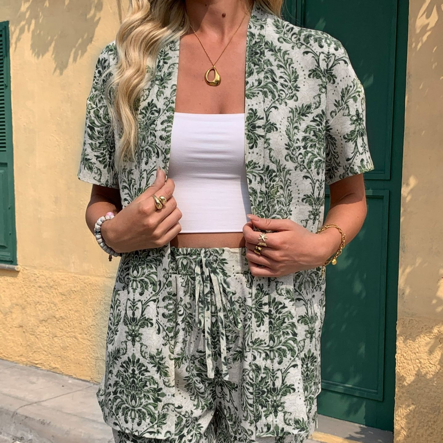 Women's Shirt And Elastic Waist Shorts Casual Suit Green - Shop at LoveMi