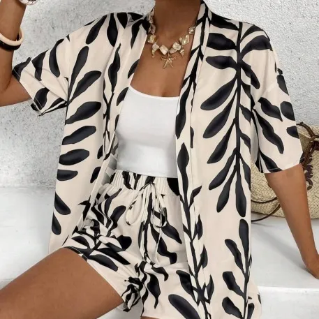 Women's Shirt And Elastic Waist Shorts Casual Suit Apricot - Shop at LoveMi