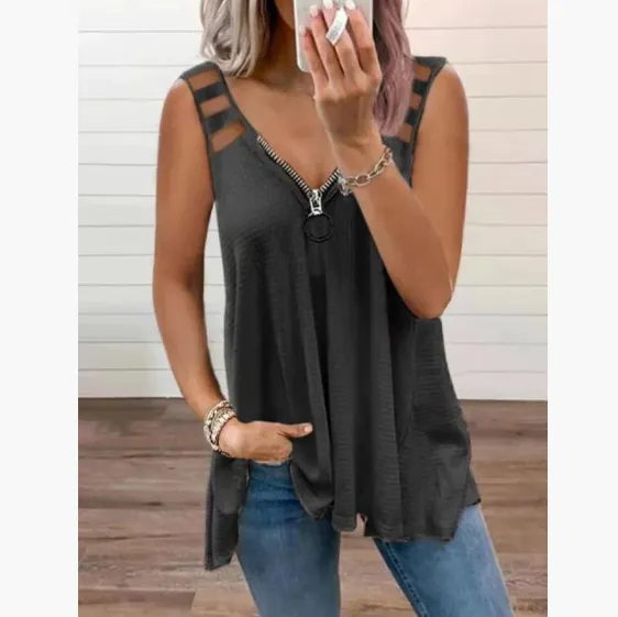 Sexy V Neck Zipper Sleeveless Vest Solid Color T Shirt Women Grey - Shop at LoveMi
