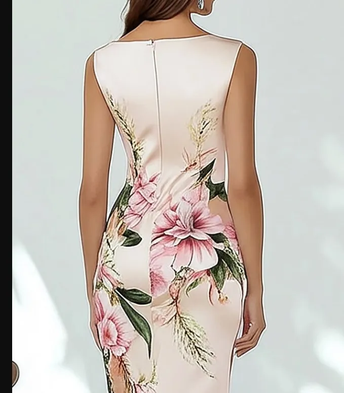 Flower Digital Printing V-neck Brace Sleeveless Hip Skirt - Pink