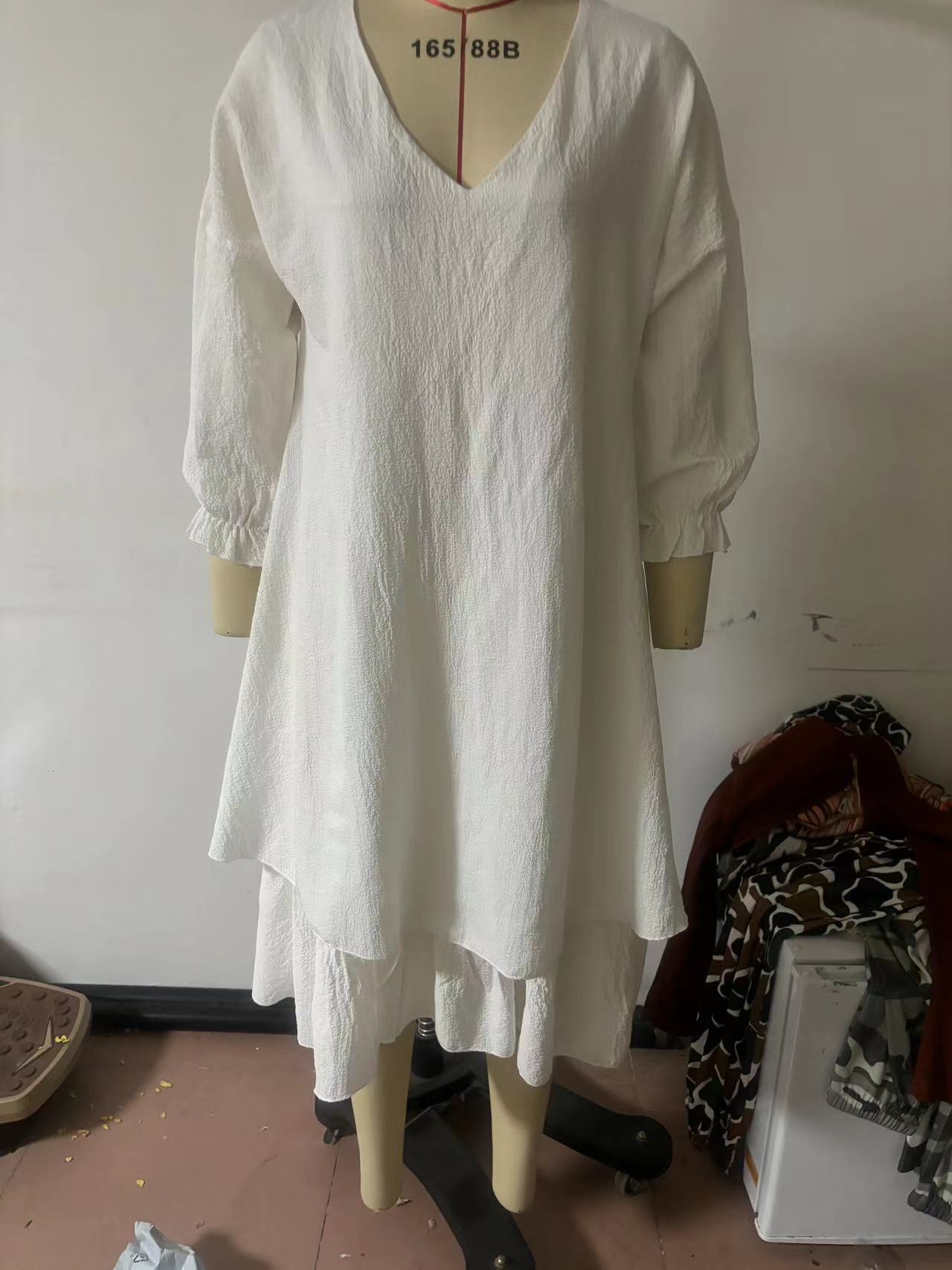Cotton And Linen Solid Color Long Sleeve V-neck Dress