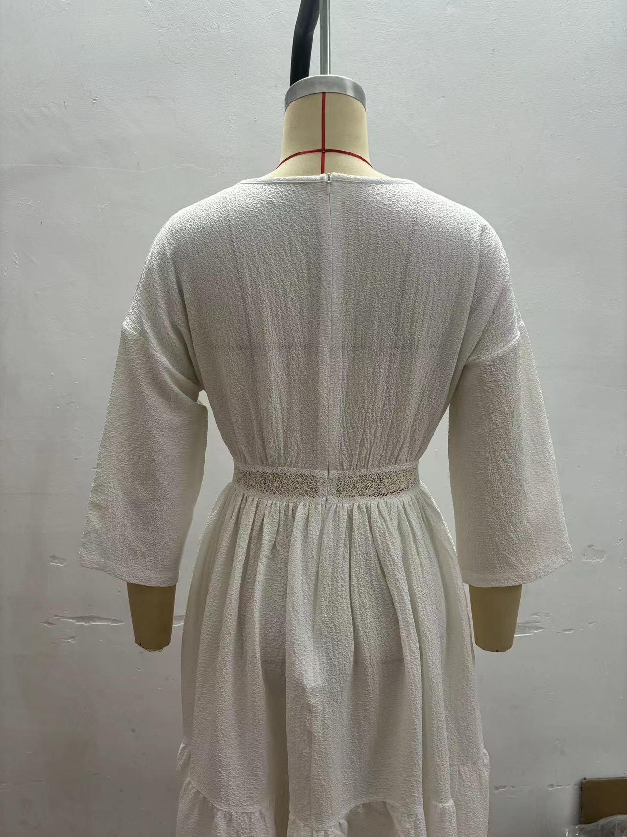 Lace Hollow Loose Long Sleeve Cotton And Linen Dress