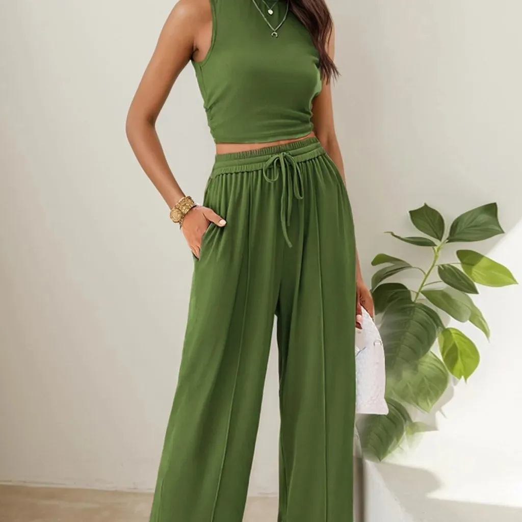 Trousers Elastic Waist Loose-fitting Sleeveless Shirt Suit - Army Green