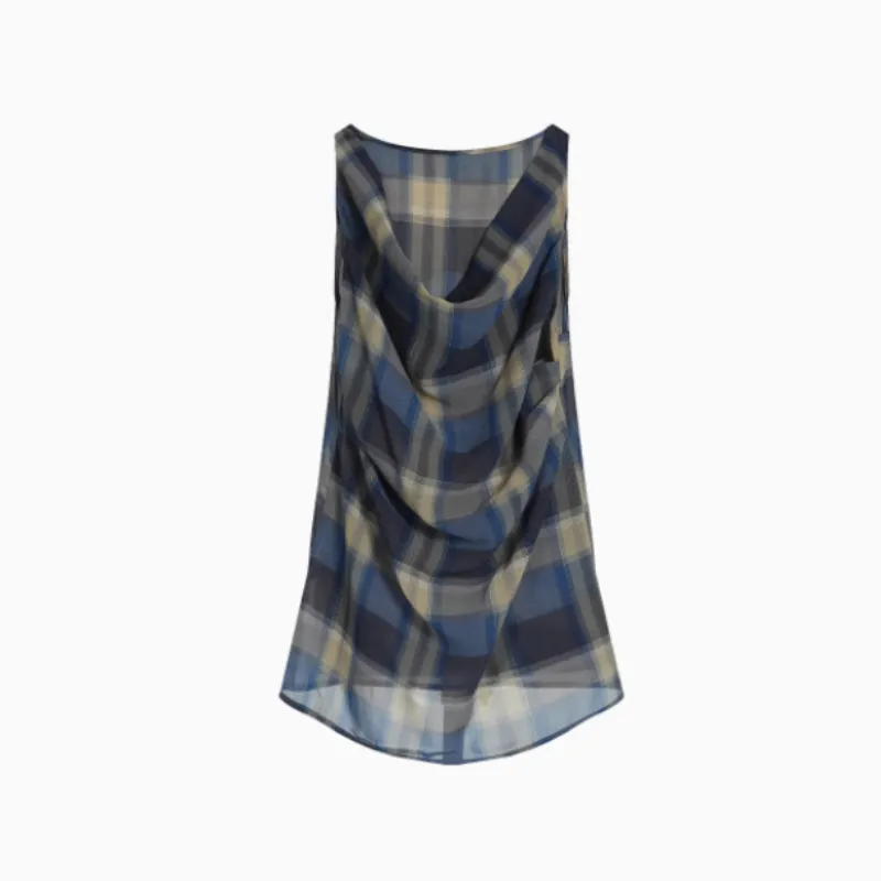 Vintage Check Pleated Swing Neck Sleeveless Tank Top - Blue
