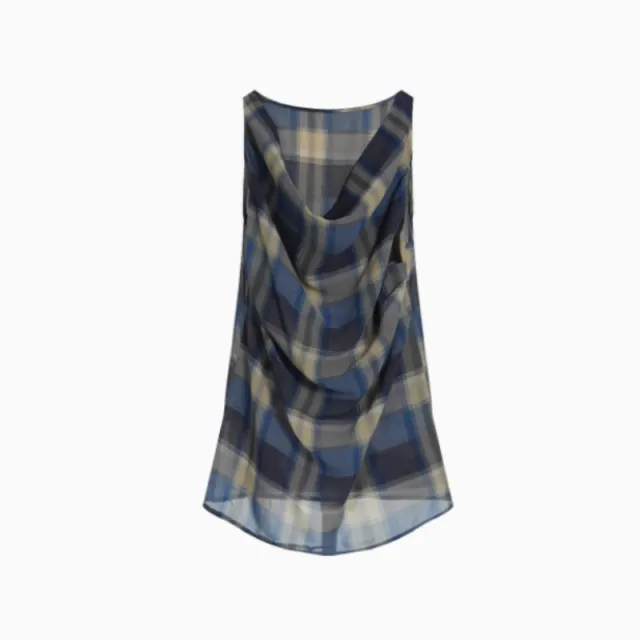 Vintage Check Pleated Swing Neck Sleeveless Tank Top Blue - Shop at LoveMi