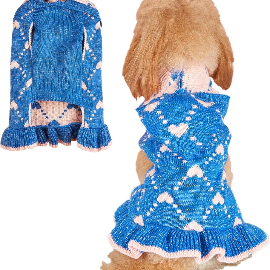 Small Dog Sweater Hoodies Dress Winter Knit Cute Clothing Heart Puppy Clothes