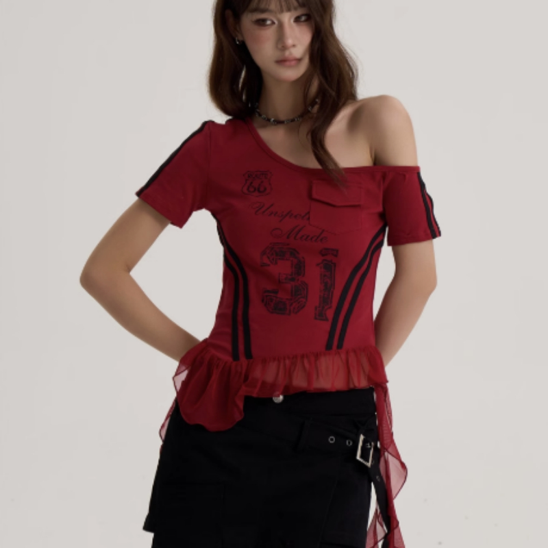 American Retro Irregular Mesh Shoulder Short Sleeve