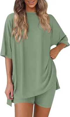Casual Crew Neck Split Loose Shorts Short Sleeve Home Wear Suit - Light Green - View 1