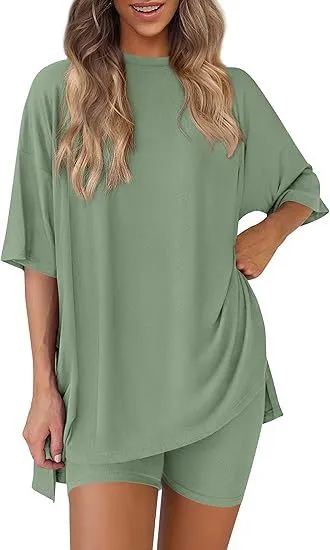 Casual Crew Neck Split Loose Shorts Short Sleeve Home Wear Suit Green - Shop at LoveMi