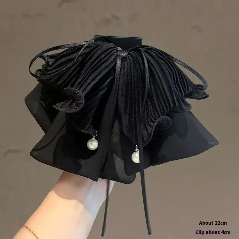 Black Chiffon Bow Ribbon Temperament Wild Large Ponytail Grip - Black