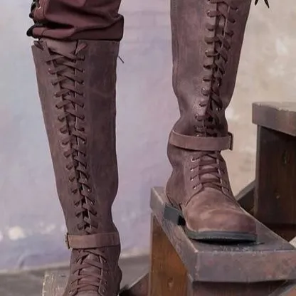 Long Boots Female High Tube Lace-up Low Heel - Brown