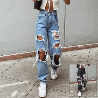 Women's American Retro Hole-punched Jeans Women High Waist Straight-crotch Loose Slim Design High-street Vibe Wide-legged Dragging Pants