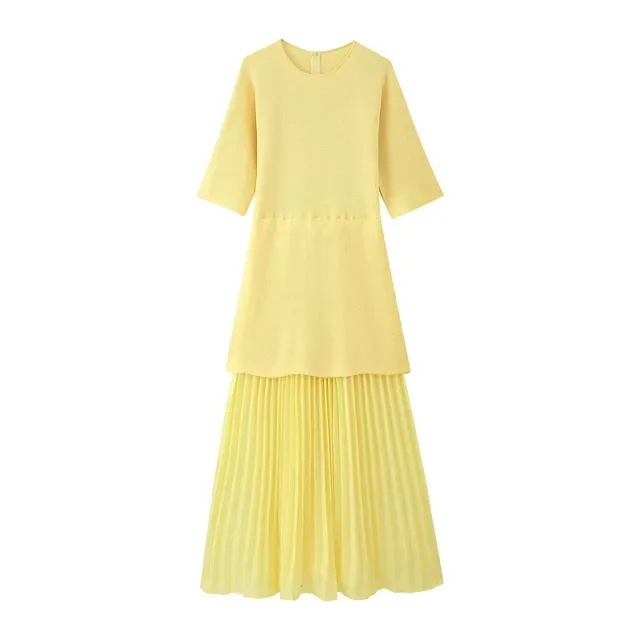 Fashionable Elegant Brown Patchwork Pleated Dress Yellow - Shop at LoveMi