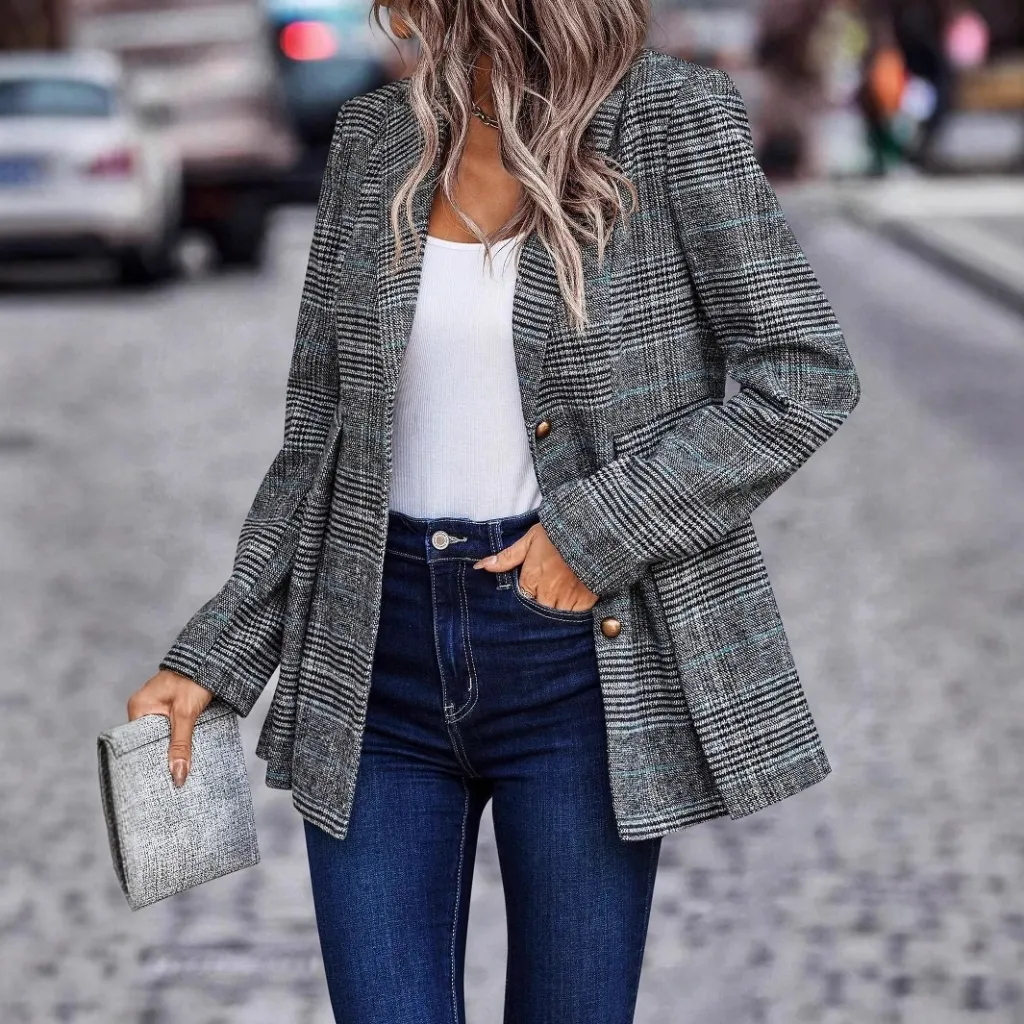 Women's Clothes Plaid Coat Casual Patchwork Temperament - Blue And Black Plaid