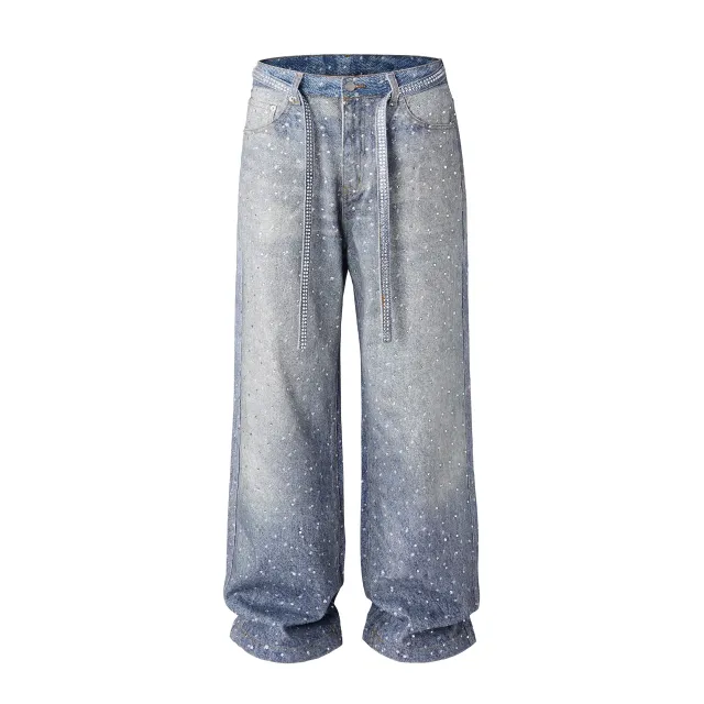 Men's Washed Loose Wide Leg Full Diamond Printed Stacked Jeans Blue - Shop at LoveMi