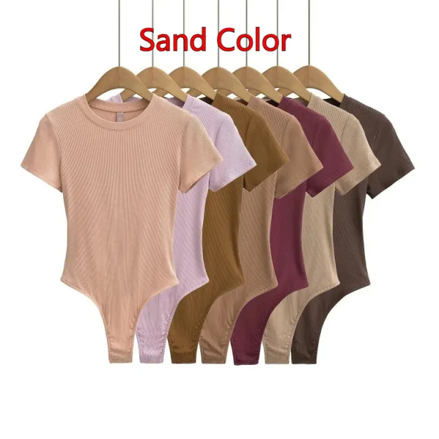 Neck Short Sleeve Rompers Slim Fit Slimming T shirt Top Sand Color - Shop at LoveMi