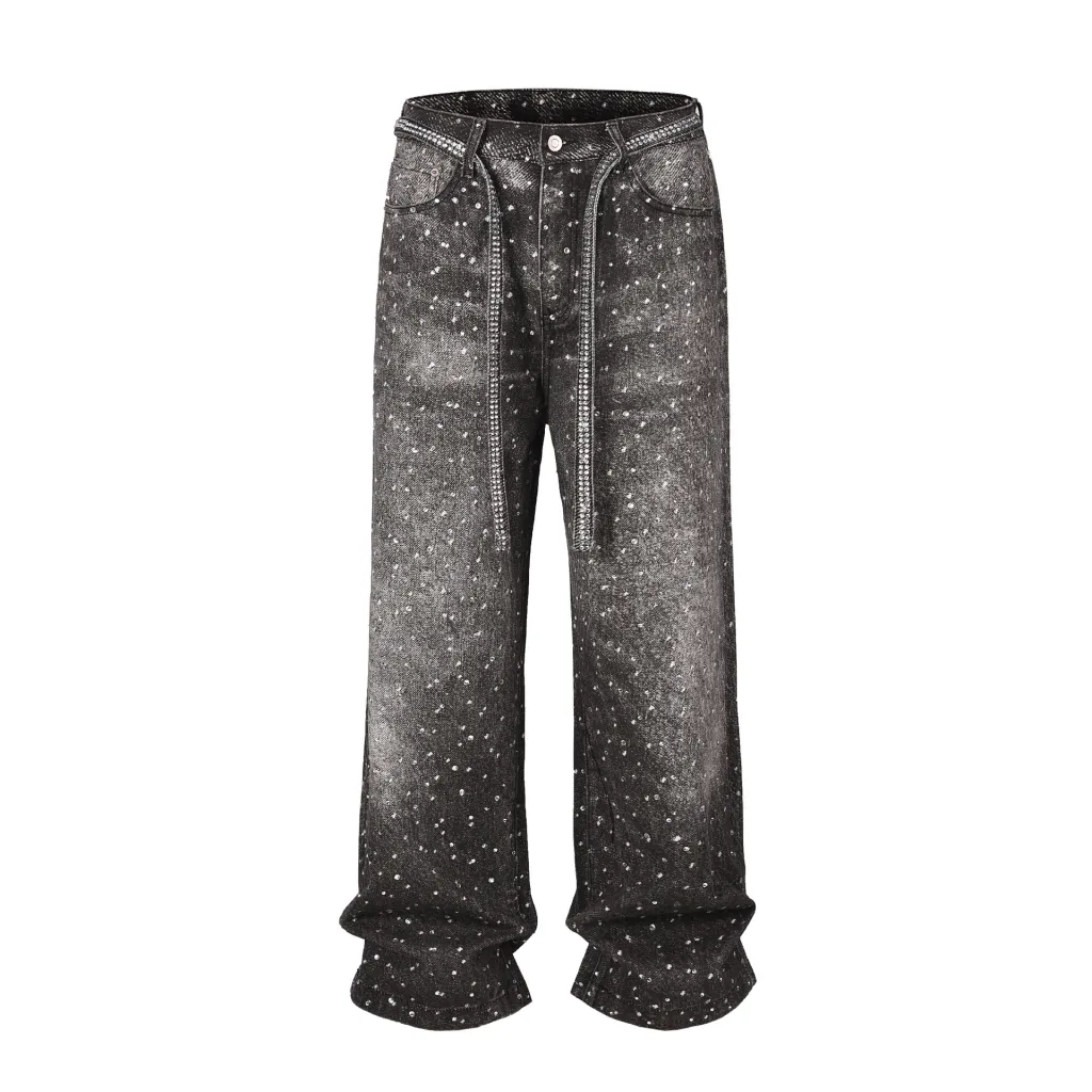 Men's Washed Loose Wide Leg Full Diamond Printed Stacked Jeans - Black