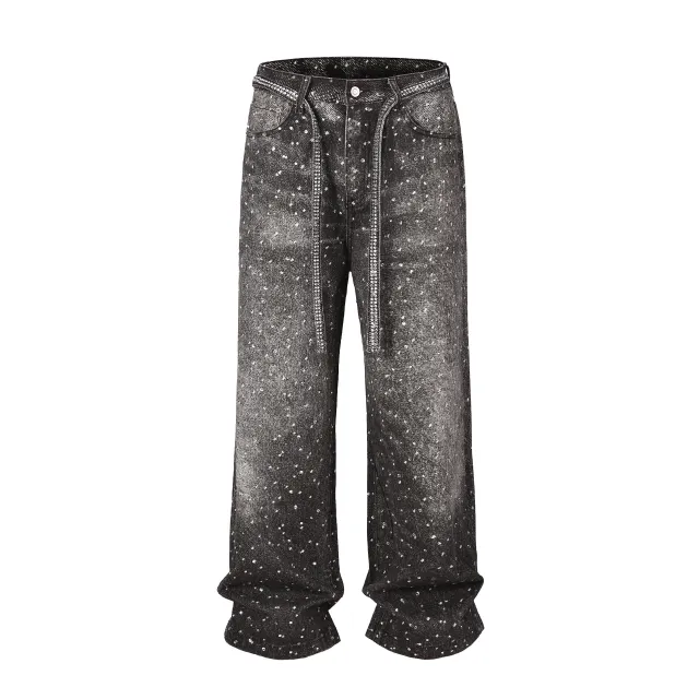 Men's Washed Loose Wide Leg Full Diamond Printed Stacked Jeans Black - Shop at LoveMi